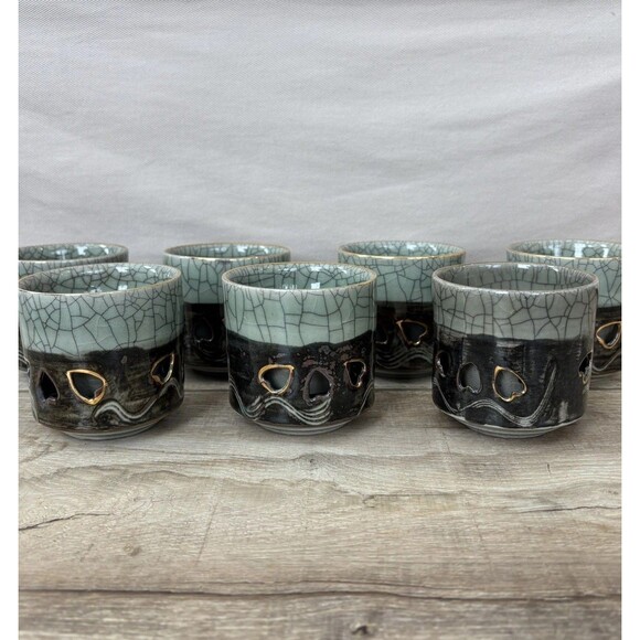 Somayaki Other - Vintage Somayaki Soma Ware Japan Double Wall Hearts Tea Cups Gold Horse Set of 7